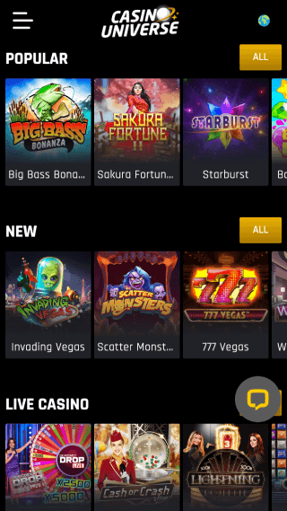 Casino Universe website screenshot mobile
