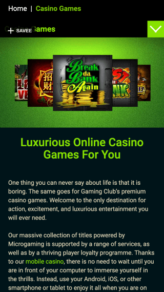 Gaming Club Casino website screenshot mobile