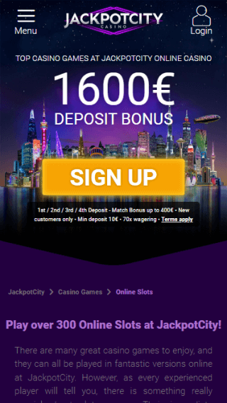 JackpotCity website screenshot mobile