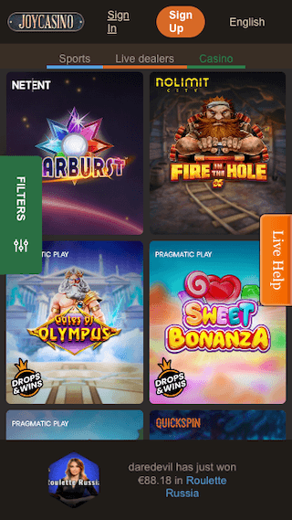 Joy Casino website screenshot mobile