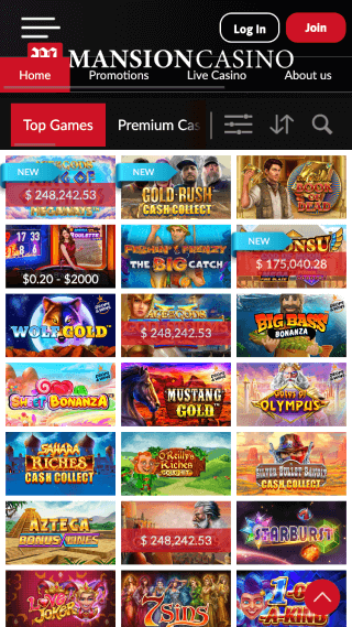 Mansion Casino website screenshot mobile