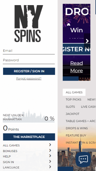NYspins website screenshot mobile