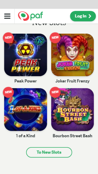 Paf Casino website screenshot mobile