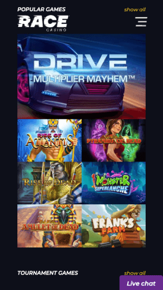 Race Casino website screenshot mobile