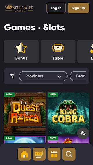 Split Aces Casino website screenshot mobile