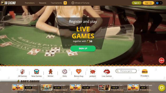 Bob Casino website screenshot desktop