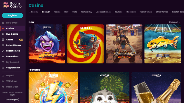 Boom Casino website screenshot desktop