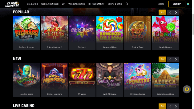 Casino Universe website screenshot desktop