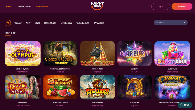 HappySpins website screenshot desktop