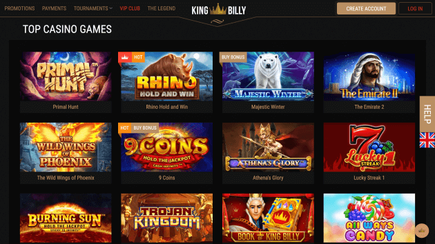 King Billy Casino website screenshot desktop