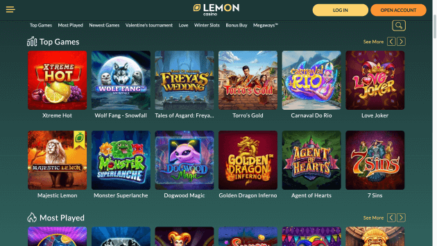 Lemon Casino website screenshot desktop