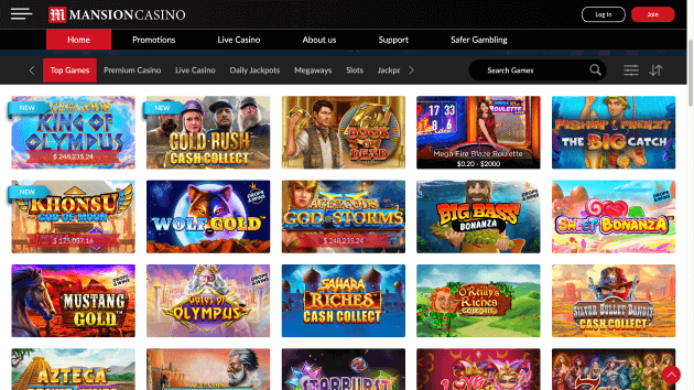 Mansion Casino website screenshot desktop