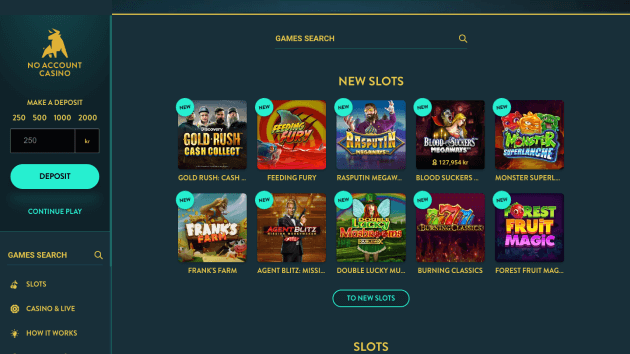 No Account Casino website screenshot desktop
