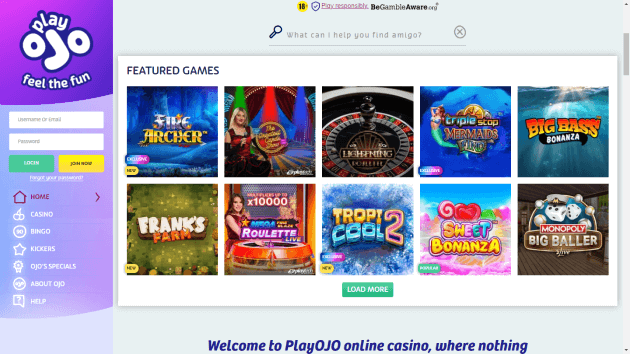 PlayOJO website screenshot desktop