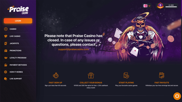 Praise Casino website screenshot desktop