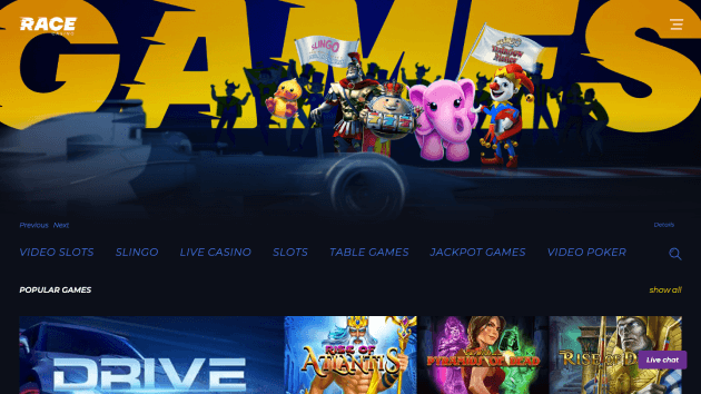 Race Casino website screenshot desktop