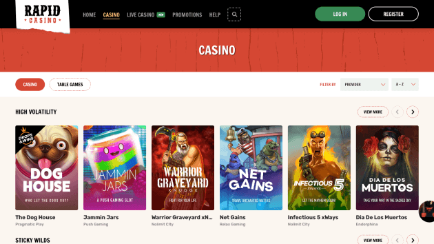 Rapid Casino website screenshot desktop