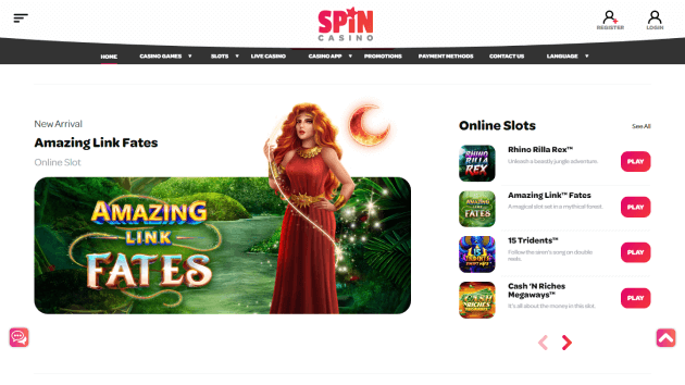 Spin Casino website screenshot desktop