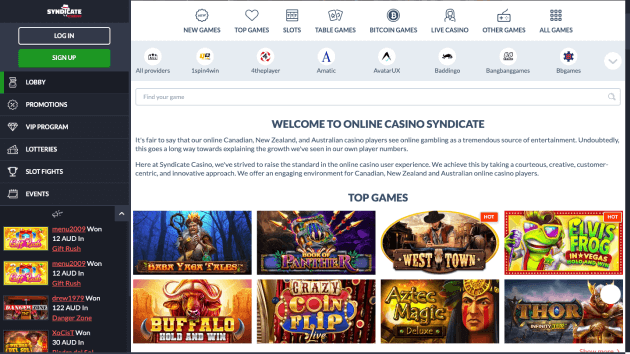 Syndicate Casino website screenshot desktop