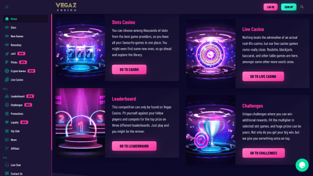 Vegaz Casino website screenshot desktop
