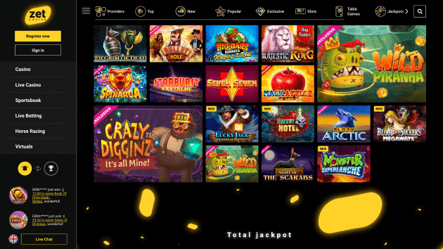 Zet Casino website screenshot desktop